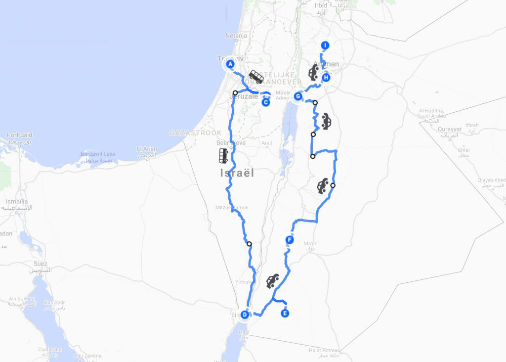 Reisroute Israël en Jordanië
